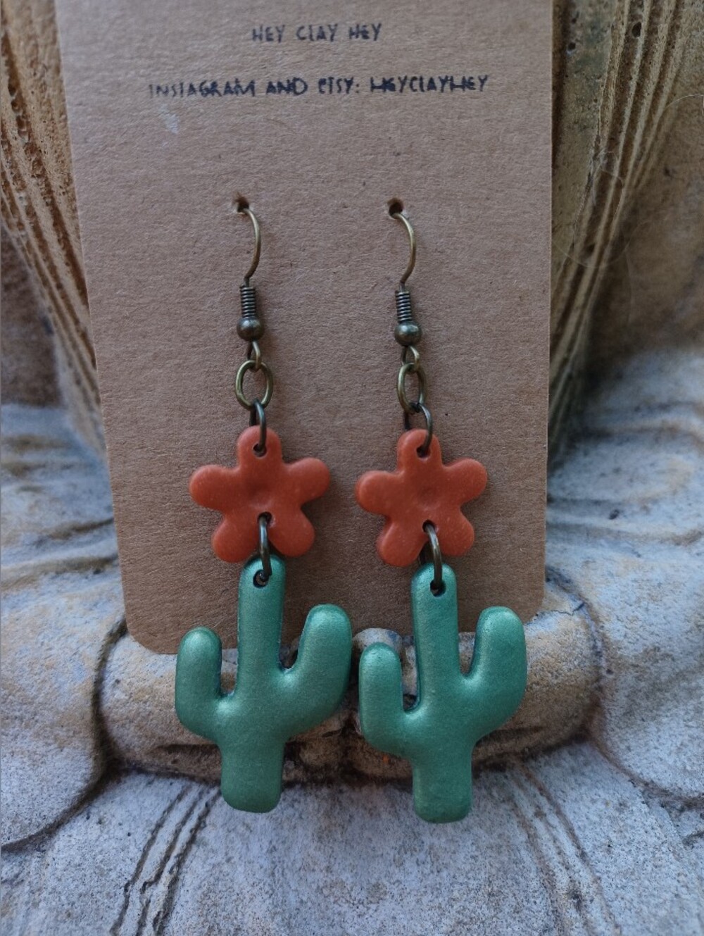 Green Cactus & Terracotta Flower Earrings - Picture 4 of 6